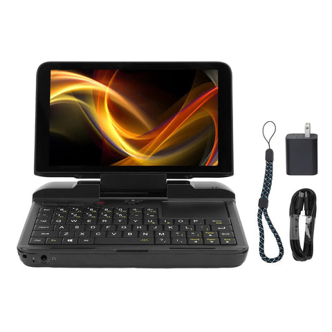 Tough As Nails Rugged 6 Inch Industrial Laptop With N4120 Quad Core Processor RS232 Serial Port Gorilla Glass 4 Screen displayed with keyboard and charger.