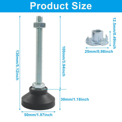 Heavy Duty M10 Thread Adjustable Furniture Leveling Feet Solid Steel Nylon Legs With Thick Rubber Bottoms To Kick The Wobble Off Tables Chairs And Cabinets Set Of 4 Pieces dimensions illustration with labels.