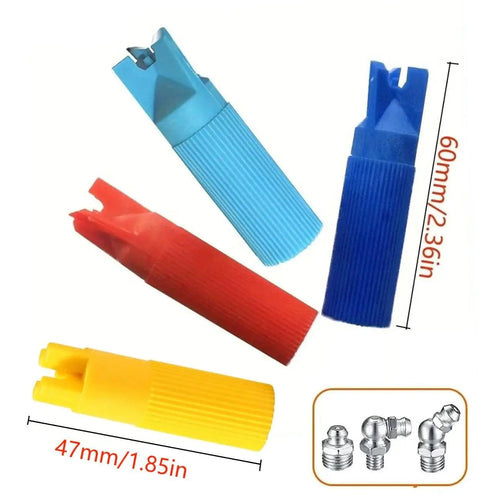 Grease Zerk Cleaner Kit For Grease Fittings With Four Color Cleaners And One Zerk Fitting A Real Game Changer That Makes Greasing Easier No Mess Pro Grade Vehicle Repair Tool With Durable PA66 Construction displayed.