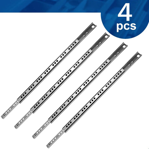 Dang Smooth Operation With These Rock Solid 13.5 Inch Ball Bearing Drawer Slides Featuring Heavy Duty Zinc Plated Metal Cabinet Tracks Built Tough To Handle Any Workshop Load And Deliver Quiet Close Action Every Damn Time 4 Pack, viewed from above showing 4 metal slides.