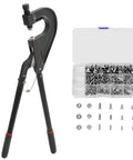 Heavy Duty Hand Rivet Squeezer Kit For Auto Body Repair And Weekend Warrior Projects Including 180 Aluminum Rivets With Six Interchangeable Flush Dies For No Sweat Metalwork Anywhere displayed with aluminum rivets.