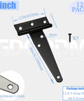 12 Pack 4 Inch T Strap Hinges Black For Shed Barn Gates And Fences Premium Wrought Iron Hardware with screws and dimensions shown