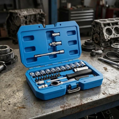 29 Piece Heavy Duty Through Hole Ratchet Socket Set Metric 12 Point Tool Kit in a blue case on a workbench.