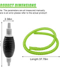 Heavy Duty Liquid Siphon Pump With Three Foot PVC Hose dimensions showing black pump and green hose length of 37.79 inches.