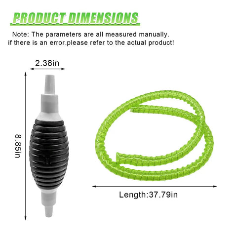 Heavy Duty Liquid Siphon Pump With Three Foot PVC Hose dimensions showing black pump and green hose length of 37.79 inches.