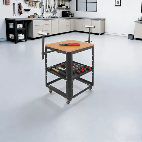 Built Tough Rolling Planer Stand With 550 Lb Capacity Height Adjustable Tool Cart wooden worktable with tools and casters in workshop.