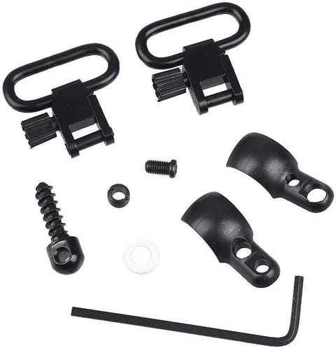 Lever Action Rifle Sling Mount Kit Split Band With 1 Inch Quick Detach Sling Swivels, rotating stud, gasket, adapter parts displayed