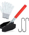 360 Degree Adjustable Brake Caliper Compression Tool With Piston Spreader Kit, gloves, red handle, and two caliper hangers.