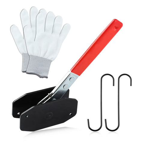 360 Degree Adjustable Brake Caliper Compression Tool With Piston Spreader Kit, gloves, red handle, and two caliper hangers.