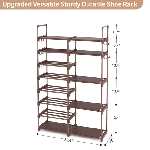 Boss 8 Tier Shoe Rack Organizer For Closet Entryway And Garage Brown Holds 26 To 32 Pairs Of Shoes And Boots With 15 Hooks