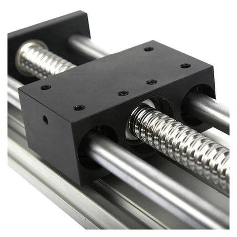 Smooth As Silk SFU1605 Linear Guide Rail System With 200mm Travel And 57 Stepper Motor Quiet High Precision Linear Motion Slider For DIY CNC And Automation Chrome Plated Rails For Long Life And Easy Self Alignment close-up of lead screw carriage