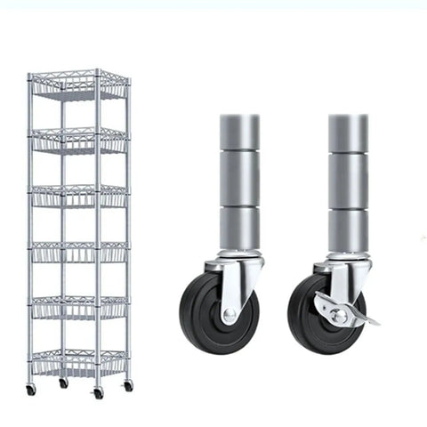 Tough-As-Nails 3 Inch Heavy-Duty Caster Wheels With Adapters 1/4-20 Threaded Stem set beside a wire shelving unit.