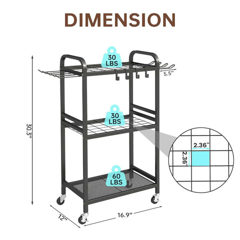 Dimensions of Heavy Duty Garden Tool Organizer With Lockable Wheels Workhorse Metal Garage Storage Rack 35 Tool Slots And Side Hooks Yard Tool Organizer For Garage Shed Lawn Outdoor Black