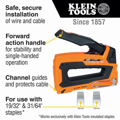 Klein stapler with text on safe use, forward handle, and staple compatibility