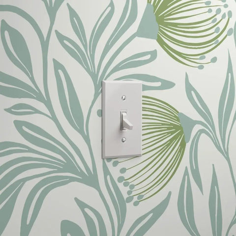 Badass Botanical Modern Vinyl Wallpaper With Smooth Leather Texture Heavy Duty Commercial Wallcovering Custom Printed Just For You For Offices Hotels And Major Event Spaces with light switch against leafy pattern.