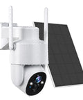 Wireless Solar Outdoor Security Camera With Pan Tilt, 3MP Color Night Vision, featuring waterproof design and solar panel, side view.