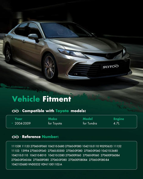 Vehicle fitment information for Toyota models, showing compatibility details for Toyota Tundra 4.7L engine from 2004-2009.