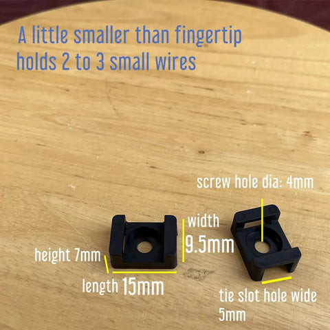 Two Size Cable Tie Saddle Base Mounts 15mm for Securing Cables Wires and Cords, shown on wood surface with dimensions