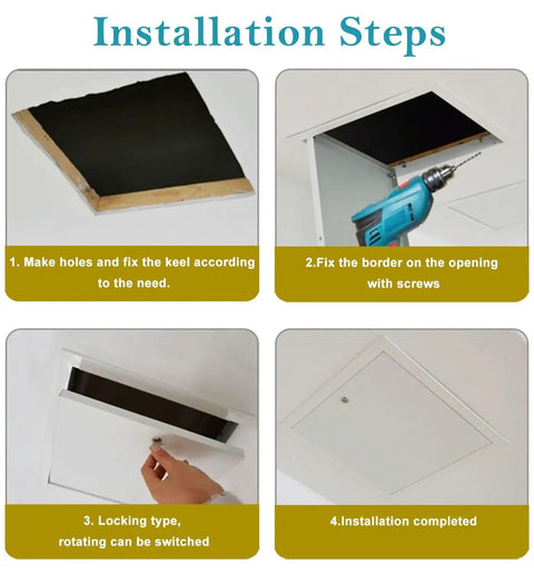 Installation steps for Tough As Nails Louvered Access Panel With Fresh Air Vents And Easy Push Button Switch Removable Critter Shield.