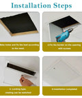 Installation steps for Heavy Duty Louvered Access Panel With Tight Mesh Screen, showing drilling and fitting process.