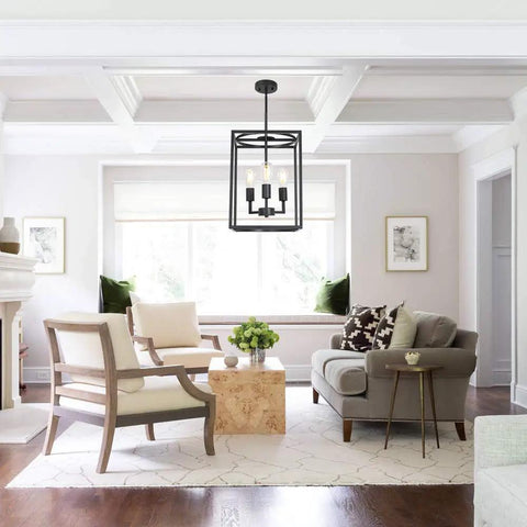 Living room with Rustic Hallway Cage Chandelier With 3 Lights Dope Vintage Industrial Farmhouse Square Pendant Ceiling Light
