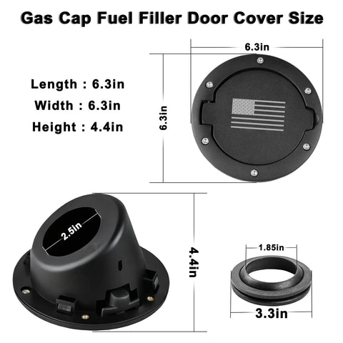 Gas Cap Cover For Jeep Wrangler JK 2007 2017 Unlimited Sport Rubicon Sahara Easy To Install Rust Resistant Fuel Filler Door Cover With US Flag Durable ABS Construction And Secure Fit dimensions and components