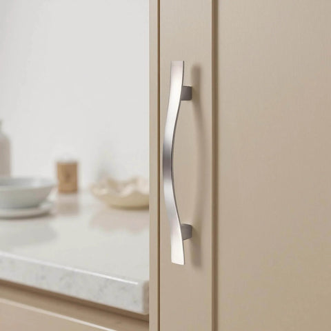 Stylish Wave Design Brushed Nickel Cabinet Pulls For Kitchen And Bathroom Upgrades Awesome 6 Pack Zinc Alloy Handles With 3 3 4 Inch Hole Center Easy Install Modern Durable Hardware For Dressers Vanities And Bedrooms That Add A Cool Contemporary Vibe To installed on cabinet