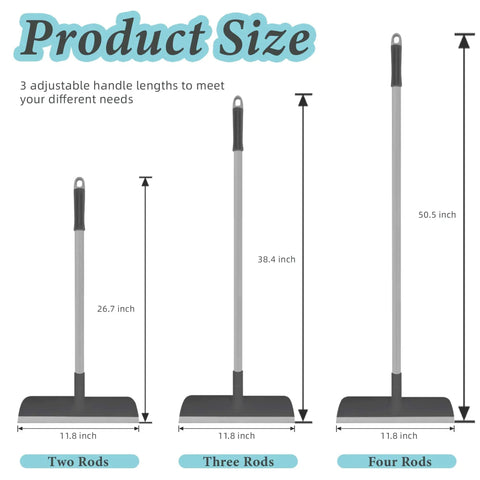 Diagram showing heavy duty floor scrub brush with long adjustable handle 2 in 1 scrub and squeegee measuring 26.7 to 50.5 inches