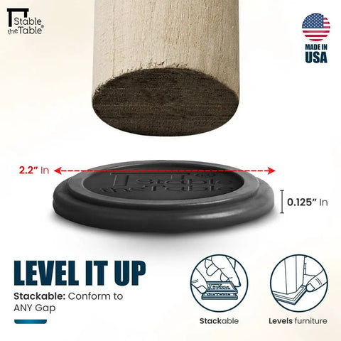 No More Drifting Or Bouncing Heavy Duty Furniture Leveler Pads Fix Wobbly Tables And Chairs Featuring Grippy Rubber, showing detailed measurements.