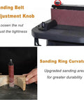 450W Electric Oscillating Spindle Sander And Belt Sander Combo With Five Heavy Duty Sanding Sleeves, showing sanding belt adjustment knob and sanding ring curvature.