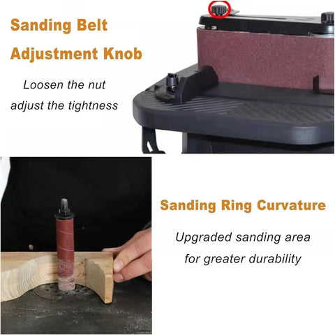 Beast Mode Vertical Oscillating Spindle And Belt Sander Combo For Woodworking Shops With Tilting Table and Assorted Sanding Sleeves close-up of adjustment knob and sanding ring on wooden piece.