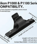 Arca-Swiss Quick Release Plate For P1000 And P1100 Cameras, shown with measurements and four point stabilization base