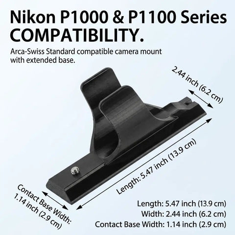 Arca-Swiss Quick Release Plate For P1000 And P1100 Cameras, shown with measurements and four point stabilization base