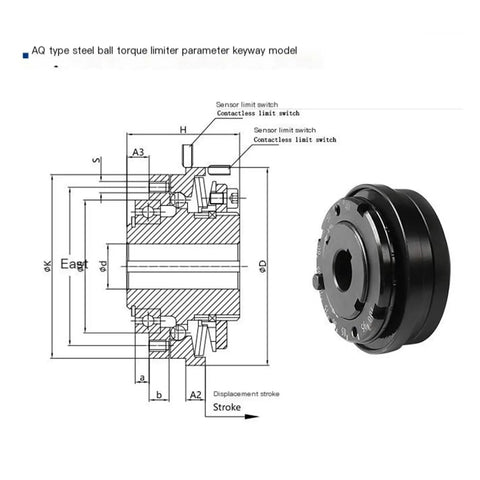 Heavy Duty Steel Ball Torque Limiter Coupling With Quick Auto Reverse Reset And Directional Safety Slip Feature For Cnc Rigs 3D Printers And Blowers Rated 120 To 300 Nm Fits 40 To 65 Mm detailed schematic drawing and mechanical diagram.