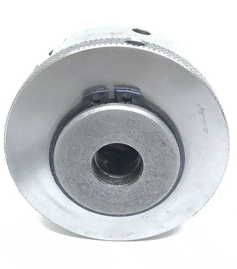 Front view of MT2 Revolving Center Shank With 3 Jaw Self Centering Lathe Chuck Two And A Half Inch Outer Diameter 65mm M14 By 1 Thread