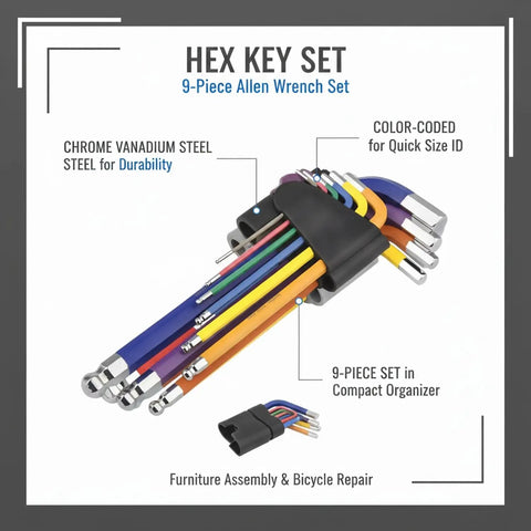 Top Notch 9 Piece Hex Key Set Crafted From Super Durable Chrome Vanadium Steel Perfect For Fast Assembly Of Knock Down Furniture And Quick Bike Repairs Around the Block. 9-piece color-coded hex key set in compact organizer