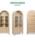 Arched Storage Cabinet With 2 Doors And 5 Tier Shelves 71 Inch Tall Wooden Pantry Organizer For Kitchen Dining Room Living Room And Bathroom Natural Wood Color With Clear Door Panels For Easy Visibility Space Saving And Modern Look shown in front, side, and back views.