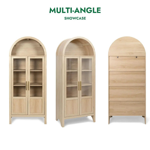 Arched Storage Cabinet With 2 Doors And 5 Tier Shelves 71 Inch Tall Wooden Pantry Organizer For Kitchen Dining Room Living Room And Bathroom Natural Wood Color With Clear Door Panels For Easy Visibility Space Saving And Modern Look shown in front, side, and back views.