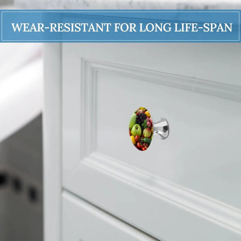 Sharp Fruit And Vegetable Round Cabinet Knobs For Drawers on white cabinet, stainless steel, vibrant fruit design, 1.1 inches.