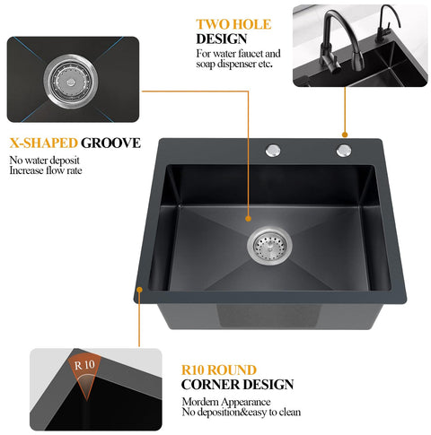 Black Stainless Steel Kitchen Sink 20 By 16 Inch Single Bowl Drop In With Gift Set, 14 Gauge, Two Hole Design Overview