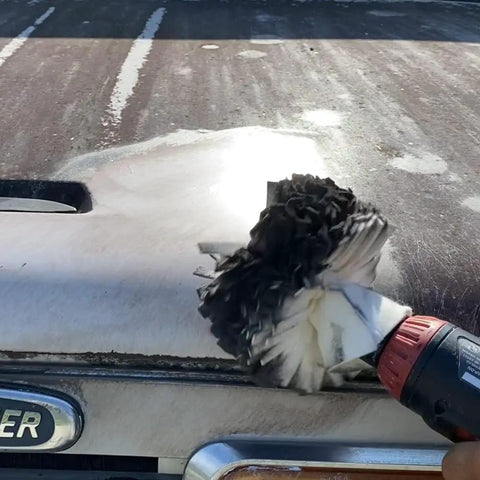 Buff Ball Kit With 1.76 Ounce Metal Polish Paste For Five Inch Drill Buffer Polisher Attachment in use on vehicle surface