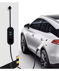 Grab And Go Portable Level 2 EV Charger With Type 1 J1772 Plug, 16A, 5 Meter Cable, IP67 Waterproof, charging a white electric vehicle