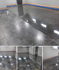 Real Deal Floor Sealer And Epoxy Topcoat That Refreshes And Beautifies Polished Concrete With A Knockout Flake Coating Built For Gritty Warehouse Jobs One Gallon Jug applied to polished concrete floor in warehouse setting.