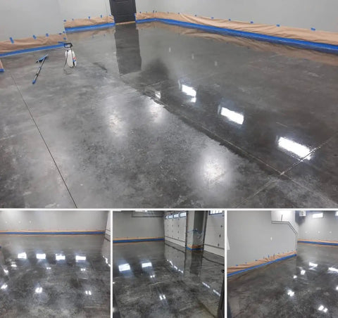 Real Deal Floor Sealer And Epoxy Topcoat That Refreshes And Beautifies Polished Concrete With A Knockout Flake Coating Built For Gritty Warehouse Jobs One Gallon Jug applied to polished concrete floor in warehouse setting.