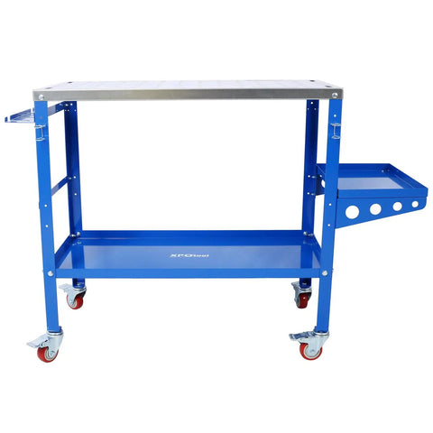Rock Solid Heavy Duty Welding Workbench Table 36 By 18 Inch Carbon Steel Shop Beast With 1200 Pound Capacity Blue Coating smooth rolling lockable casters, side tray feature.