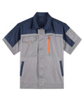 Mens Short Sleeve Mechanic Work Shirt With Reflective Safety Stripes And Zipper Front in navy gray with multiple pockets.