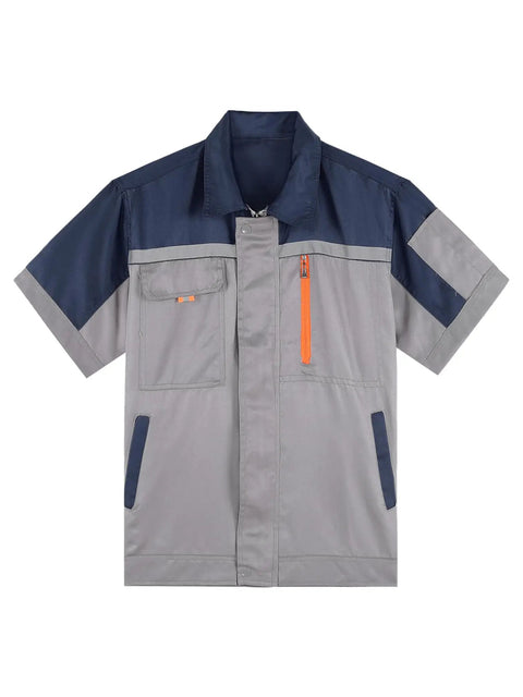 Mens Short Sleeve Mechanic Work Shirt With Reflective Safety Stripes And Zipper Front in navy gray with multiple pockets.