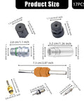 17 Piece AC Valve Core Kit Universal R12 To R134a Conversion showing sizes of components like service valves and cores.