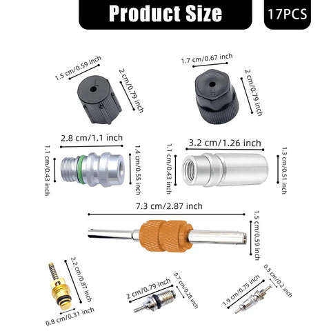17 Piece AC Valve Core Kit Universal R12 To R134a Conversion showing sizes of components like service valves and cores.