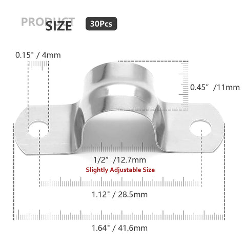 Front view: stainless steel conduit clamp U-bracket, 1/2 in size, two-hole strap, heavy-duty pipe clamp, 30-piece set